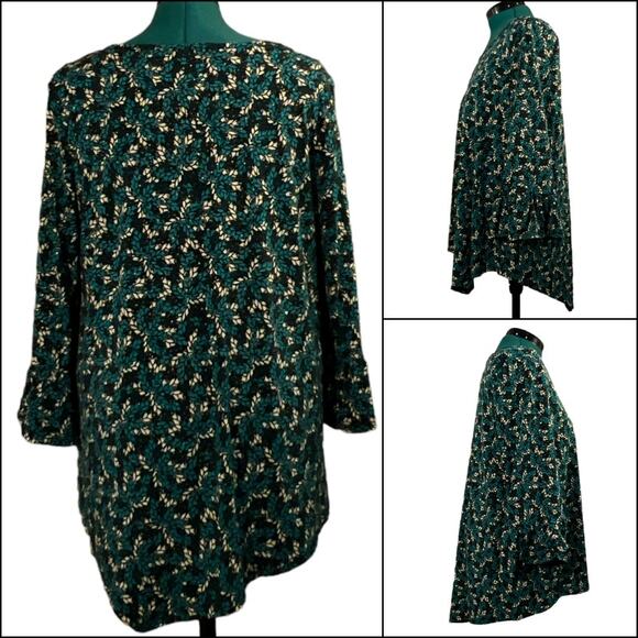 Rafaella Enchanting Leaf Pattern Bell Sleeve Top LARGE Teal Cream Black Asymmetr - Picture 2 of 15